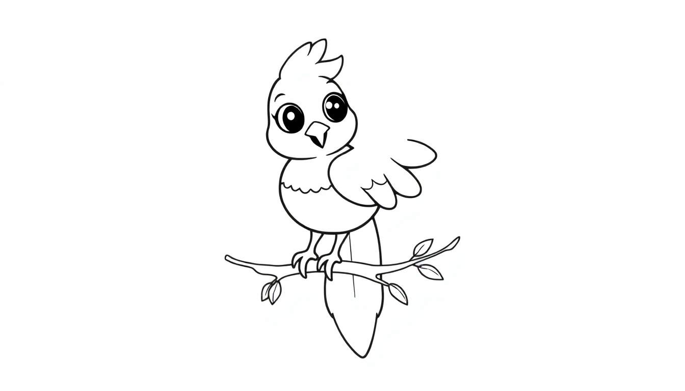 Un fénix de dibujos animados amigable sentado en una rama, listo para ser coloreado, en la placa de color.