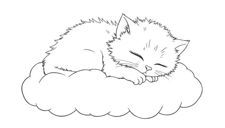 Gatito durmiendo en una nube, dibujo para colorear en blanco y negro con placa de color.