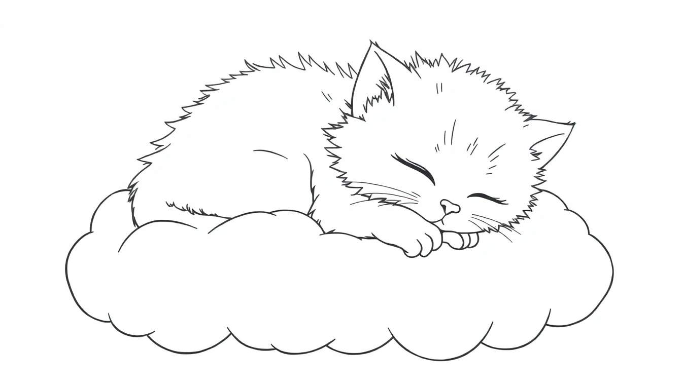 Gatito durmiendo en una nube, dibujo para colorear en blanco y negro con placa de color.
