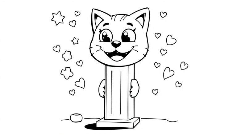 Un gatito Pez sonriente repartiendo caramelos, página para colorear en blanco y negro con una placa de color.