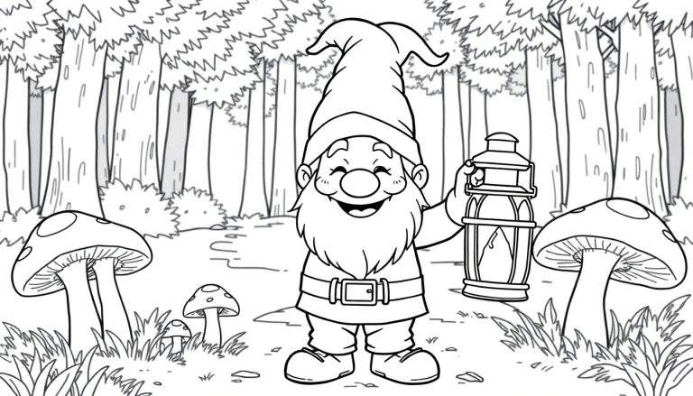 Un gnomo amigable en un bosque listo para ser coloreado, con una placa de color vibrante.