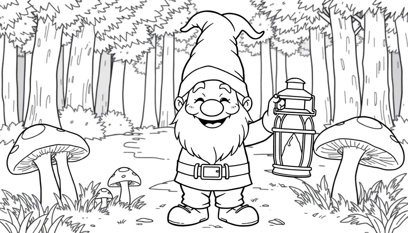 Un gnomo amigable en un bosque listo para ser coloreado, con una placa de color vibrante.