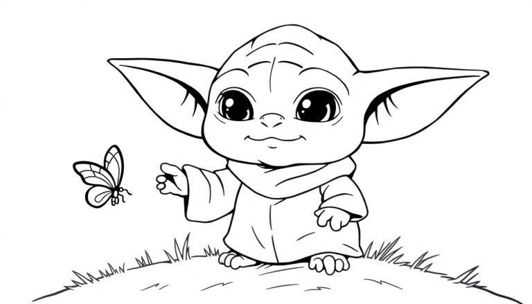 Página para colorear de Grogu con una mariposa, listo para una placa de color.