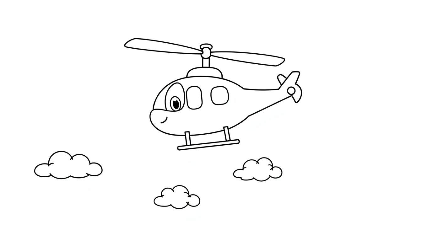 Un helicóptero de caricatura sonriente volando entre nubes, listo para colorear en una placa de color.