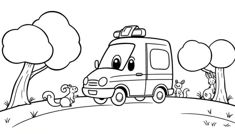 Página para colorear de una ambulancia amigable con la placa de color en un bosque, con animales alrededor.