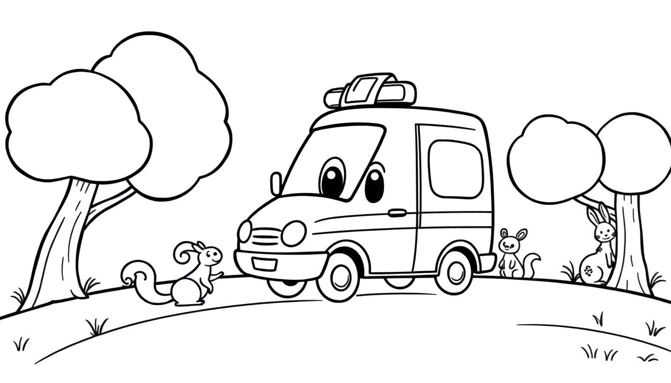 Página para colorear de una ambulancia amigable con la placa de color en un bosque, con animales alrededor.