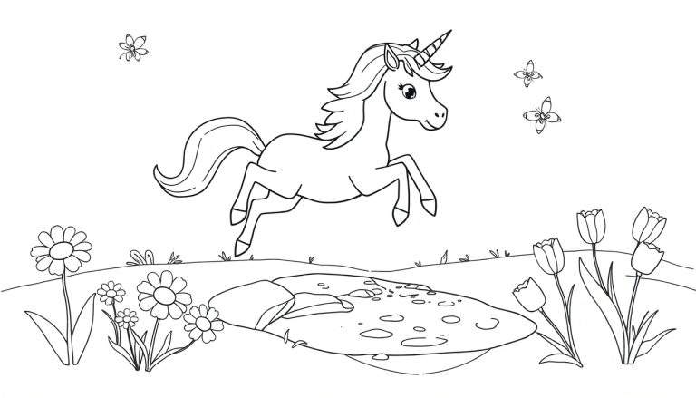 Unicornio saltando sobre un estanque, listo para colorear con una placa de color.