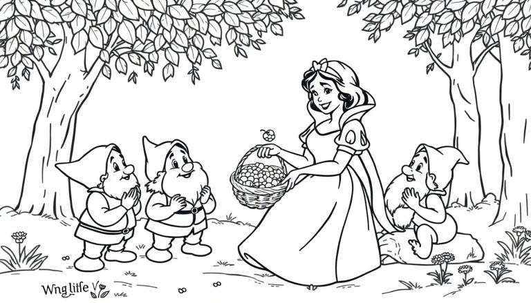 Blancanieves con una cesta de frutos rojos en un bosque, rodeada de tres enanitos admirados. Una placa de color que muestra una escena de cuento.