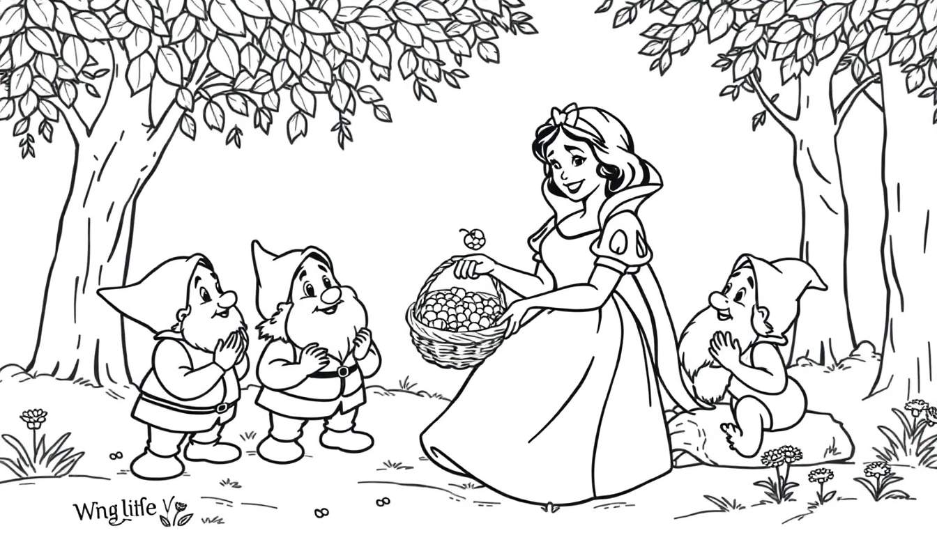 Blancanieves con una cesta de frutos rojos en un bosque, rodeada de tres enanitos admirados. Una placa de color que muestra una escena de cuento.