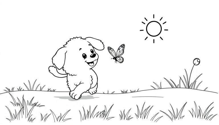 Placa de color de un cachorro jugando con una mariposa bajo el sol.
