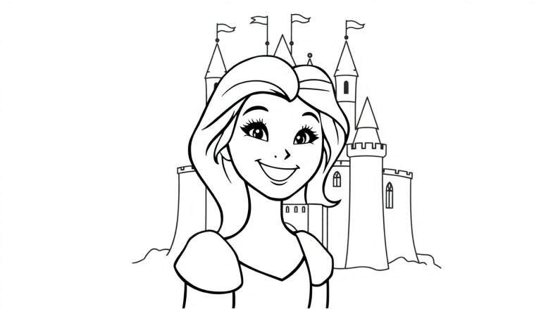 Placa de color de una princesa sonriente con un castillo mágico, lista para colorear.