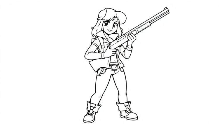 Página para colorear de Shelly con su escopeta, lista para la acción. ¡Que empiece la aventura! Shelly es una joven sonriente con una escopeta larga en un estilo de arte que recuerda al manga.