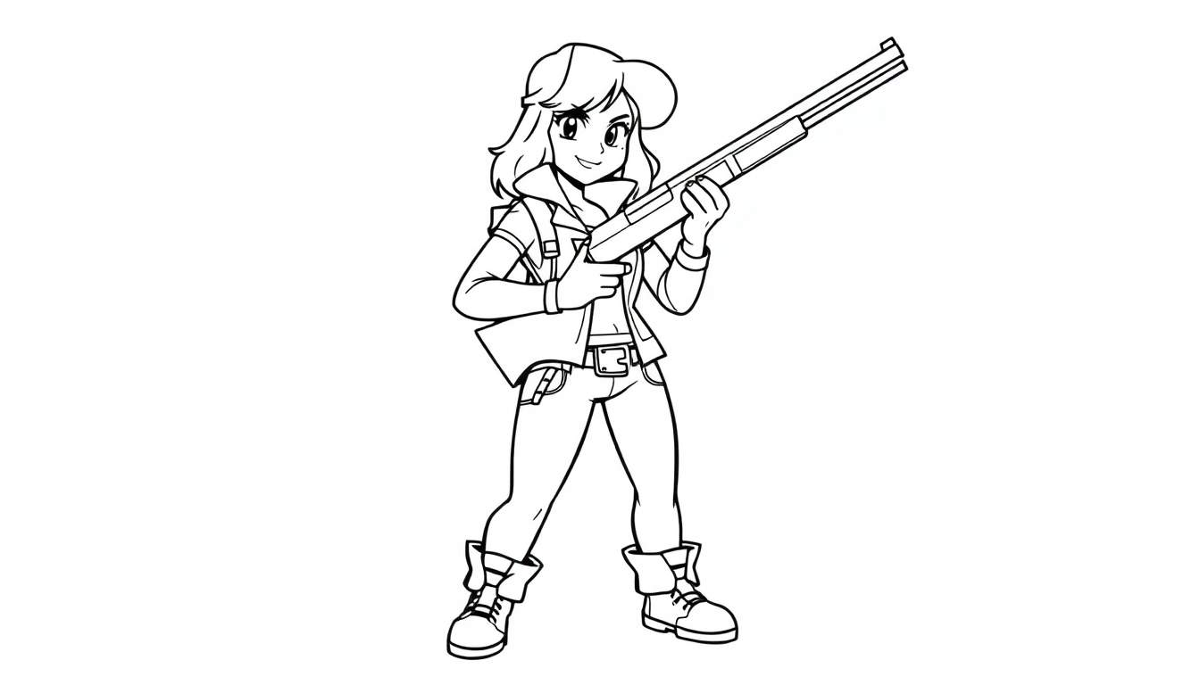Página para colorear de Shelly con su escopeta, lista para la acción. ¡Que empiece la aventura! Shelly es una joven sonriente con una escopeta larga en un estilo de arte que recuerda al manga.