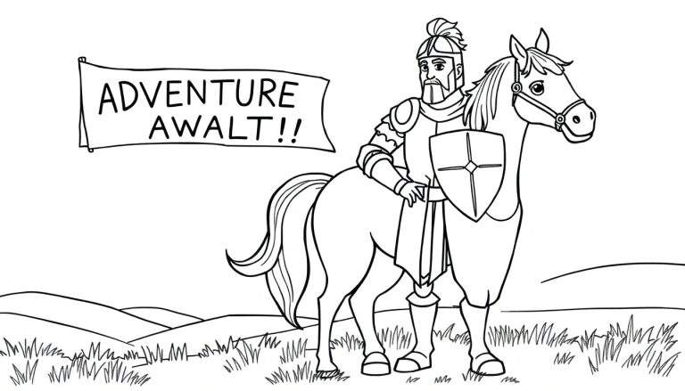 Dibujo en blanco y negro de un caballero en armadura con escudo, montado en un caballo, sobre una colina. Al frente, una pancarta dice '¡¡AVENTURA ESPERA!!'. Fondo con colinas. Placa de color.