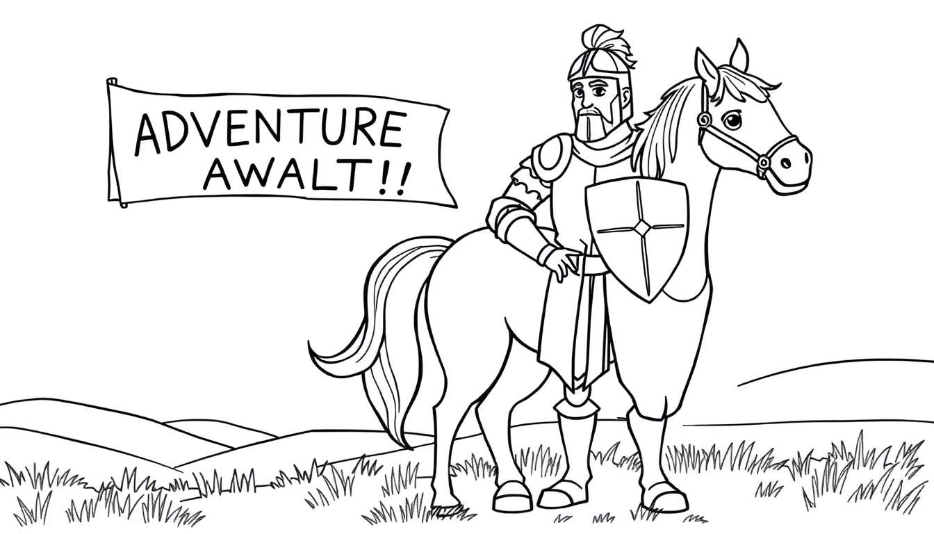 Dibujo en blanco y negro de un caballero en armadura con escudo, montado en un caballo, sobre una colina. Al frente, una pancarta dice '¡¡AVENTURA ESPERA!!'. Fondo con colinas. Placa de color.