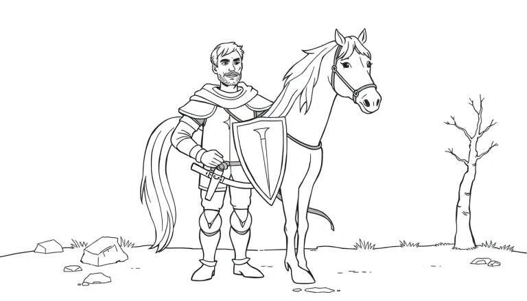 Un dibujo de un caballero y su caballo, listo para la aventura.