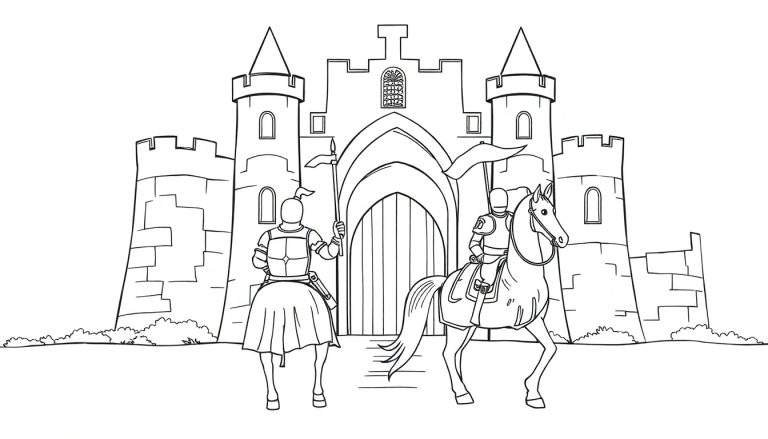 Placa de color de un castillo con dos caballeros a caballo.