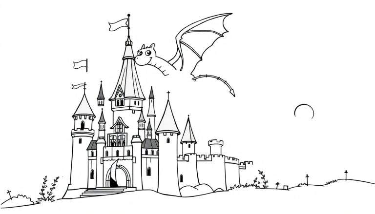 Placa de color de un castillo con dragón y luna.