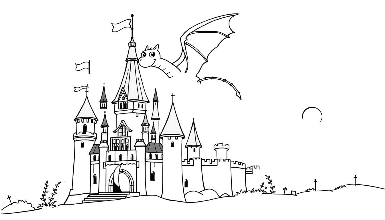 Placa de color de un castillo con dragón y luna.