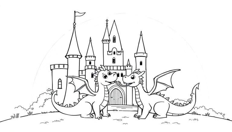 Placa de color de un castillo con dragones amigables
