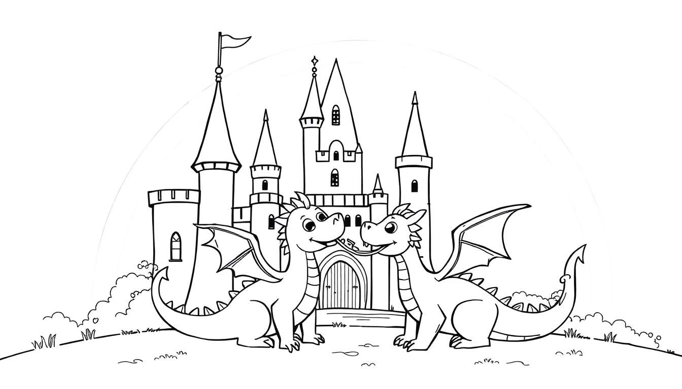 Placa de color de un castillo con dragones amigables