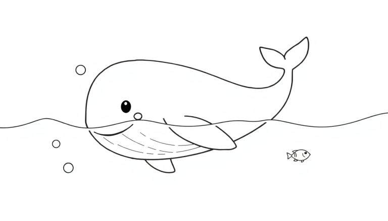 Una ballena blanca y negra para colorear nadando con burbujas y un pez pequeño. Placa de color.
