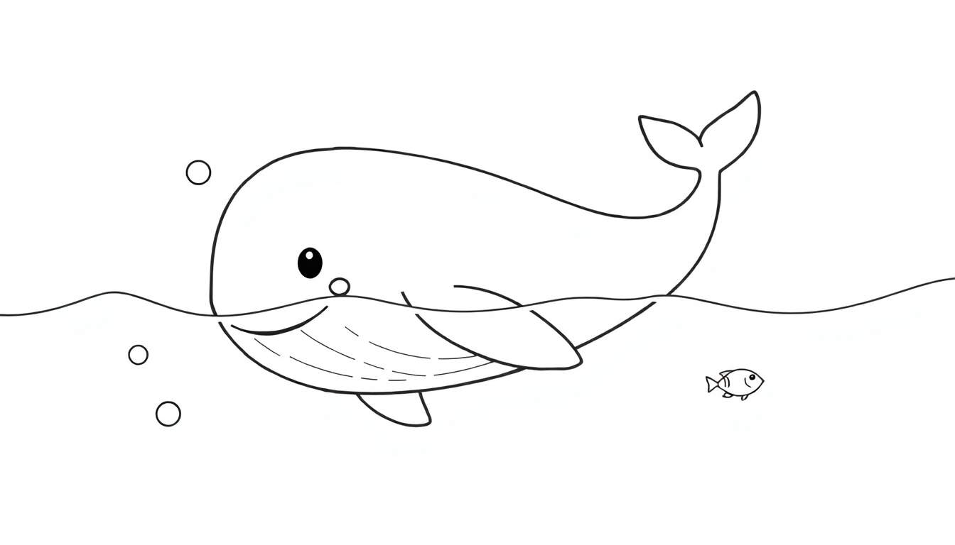Una ballena blanca y negra para colorear nadando con burbujas y un pez pequeño. Placa de color.