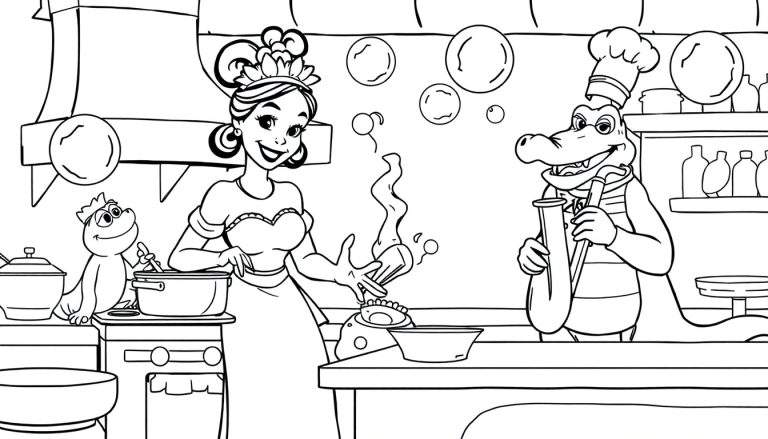 Placa de color de la Princesa Tiana cocinando con amigos lagarto y cocodrilo.