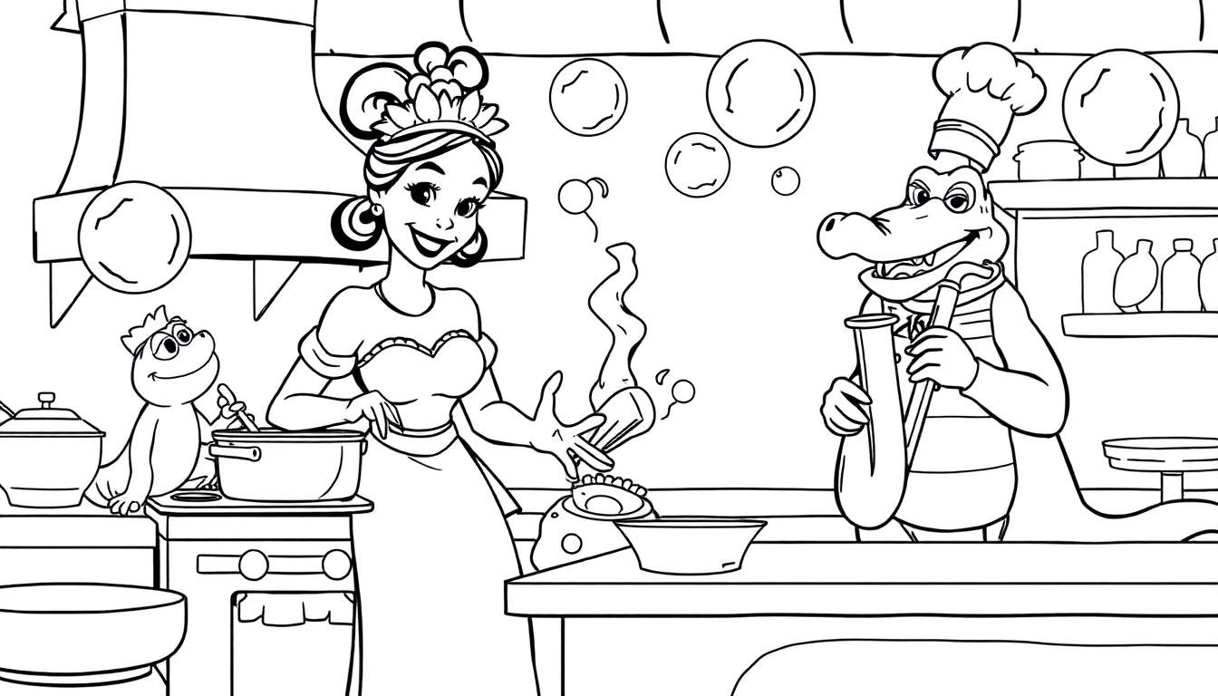 Placa de color de la Princesa Tiana cocinando con amigos lagarto y cocodrilo.