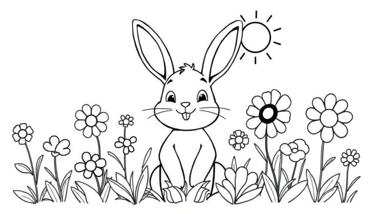Bing el conejo saltando felizmente en un campo de flores bajo un sol radiante.