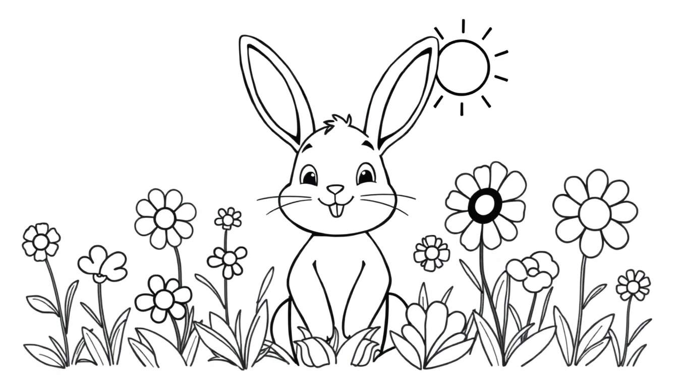 Bing el conejo saltando felizmente en un campo de flores bajo un sol radiante.