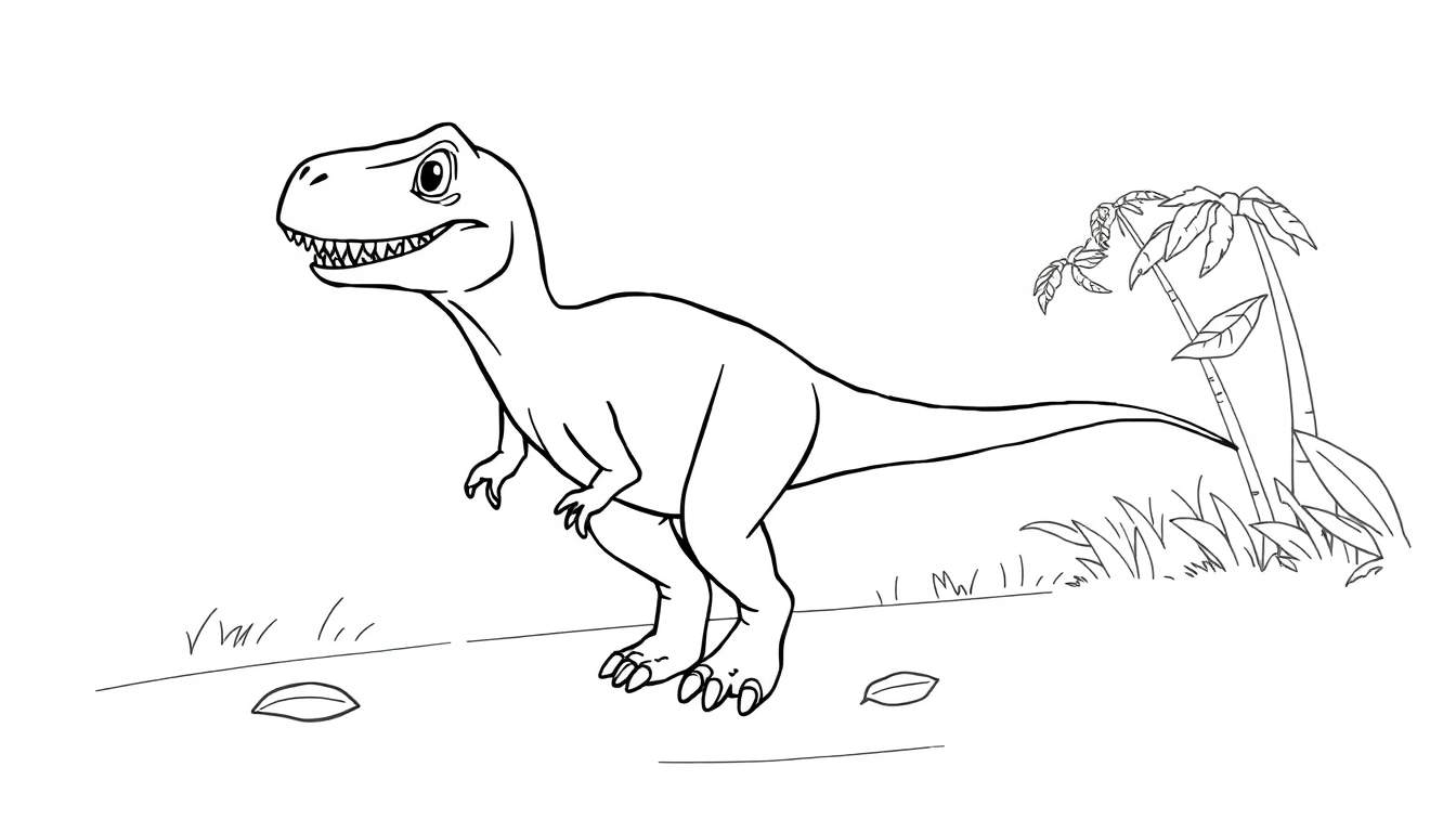 Un dibujo de un Tiranosaurio Rex para colorear, con la placa de color lista.