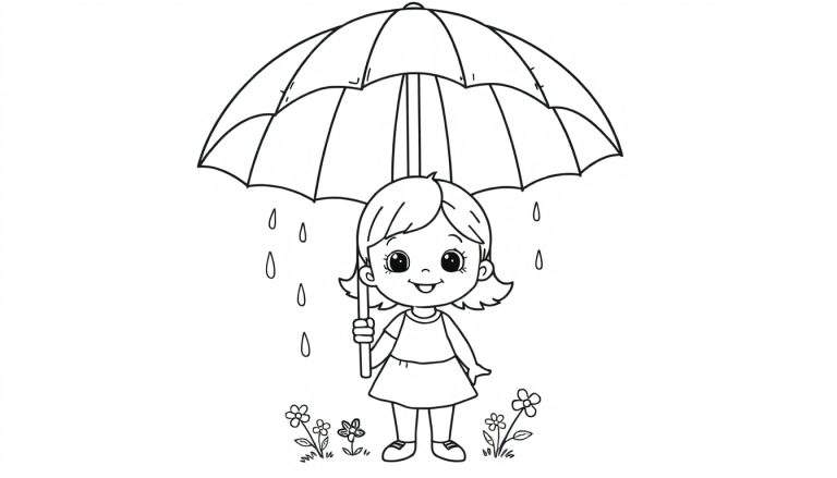 Placa de color de una niña con un paraguas bajo la lluvia, rodeada de flores.