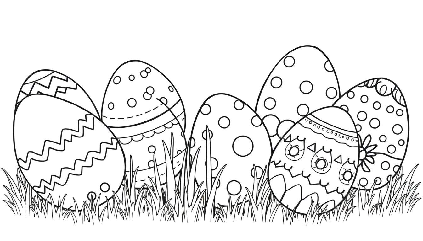 Placa de huevos de Pascua decorados en blanco y negro entre la hierba.