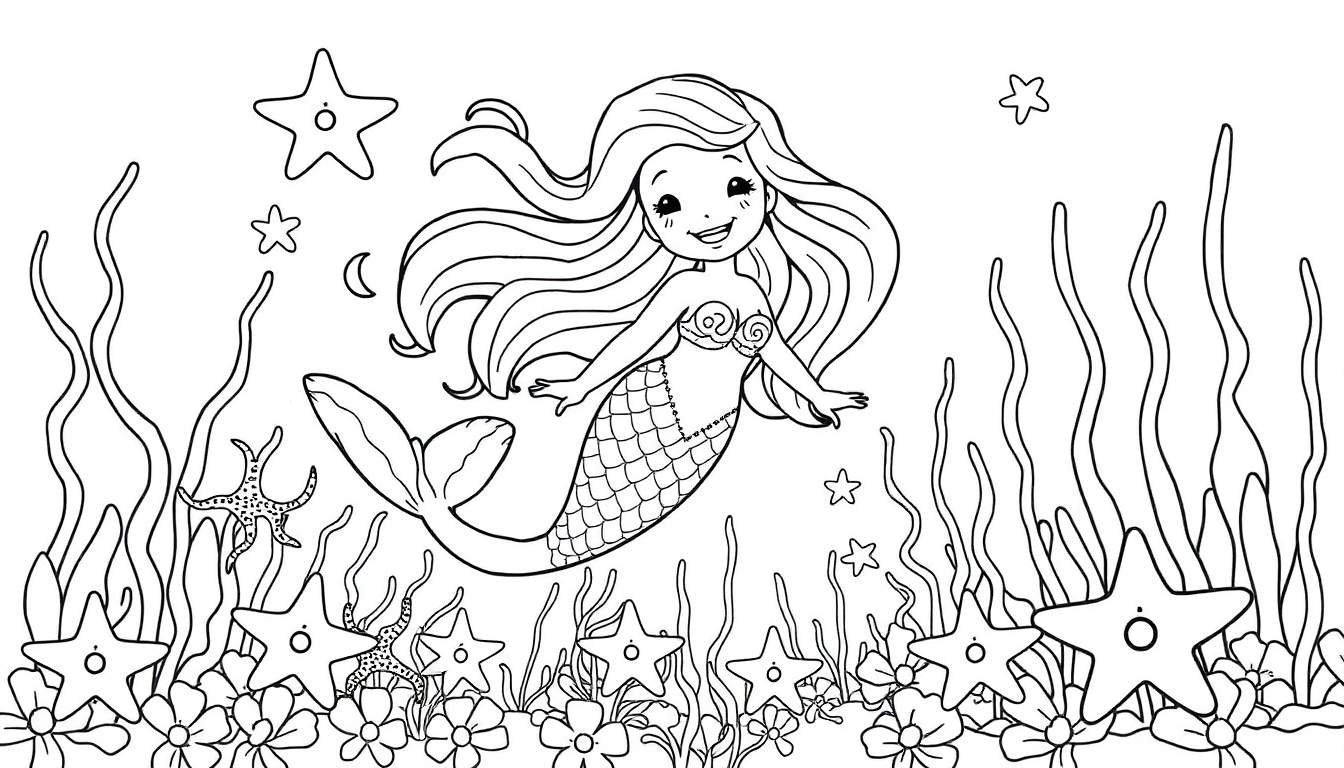 Placa de color de una sirena sonriente con pelo largo, sujetador de conchas, y una cola escamosa, nadando entre algas y estrellas de mar.