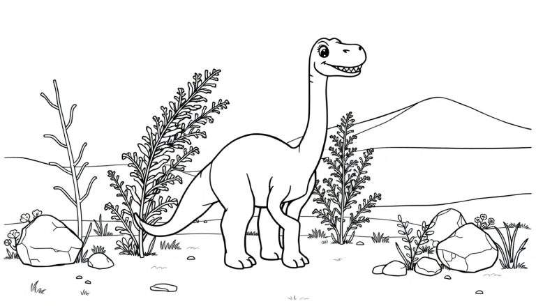 Un joven diplodocus sonriendo come hojas en una página para colorear en blanco y negro de una placa de color.