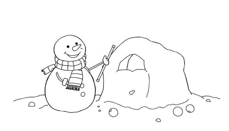 Dibujo para colorear de un muñeco de nieve sonriente construyendo un iglú con una nariz de zanahoria y una bufanda a rayas, junto a bolas de nieve en el suelo.
