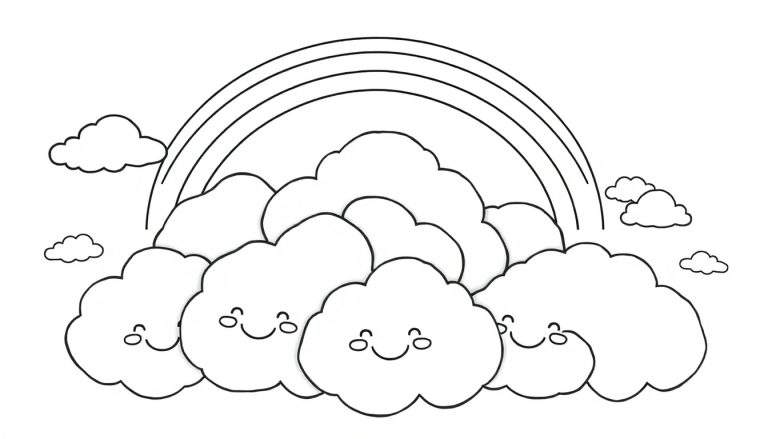 Placa de color de un arcoíris amigable sobre nubes sonrientes.