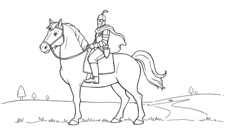 Un caballero con armadura y casco emplumado montado en un caballo grande en un campo verde, una placa de color para colorear.