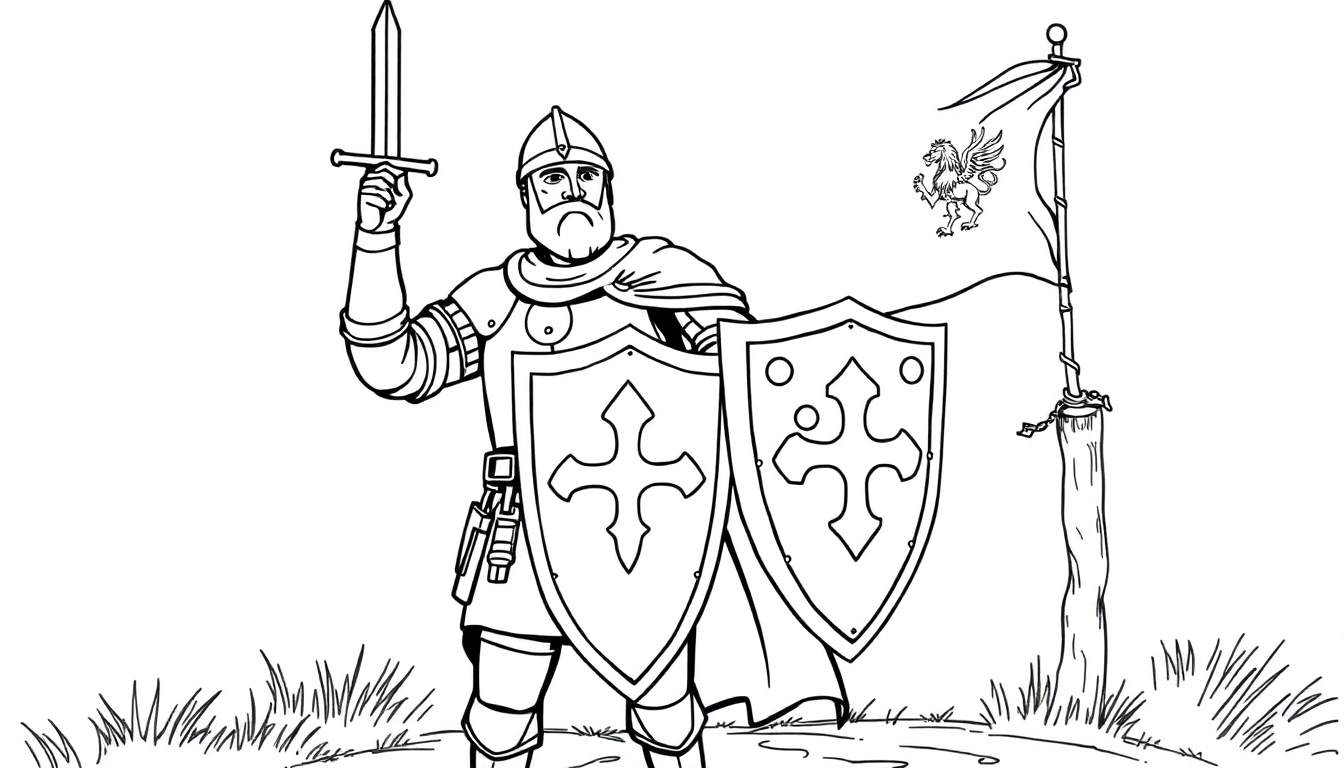 Caballero medieval de pie con espada en alto, listo para colorear. Placa de color.