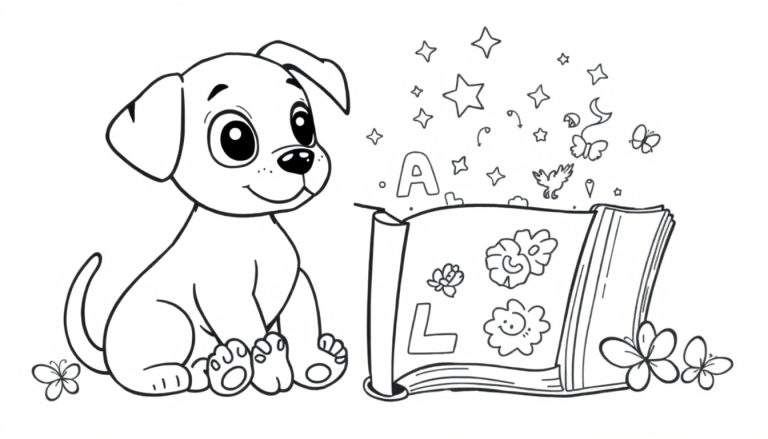 Un cachorro adorable sentado junto a un libro abierto, listo para colorear, con la promesa de un mundo mágico de letras y diversión.
