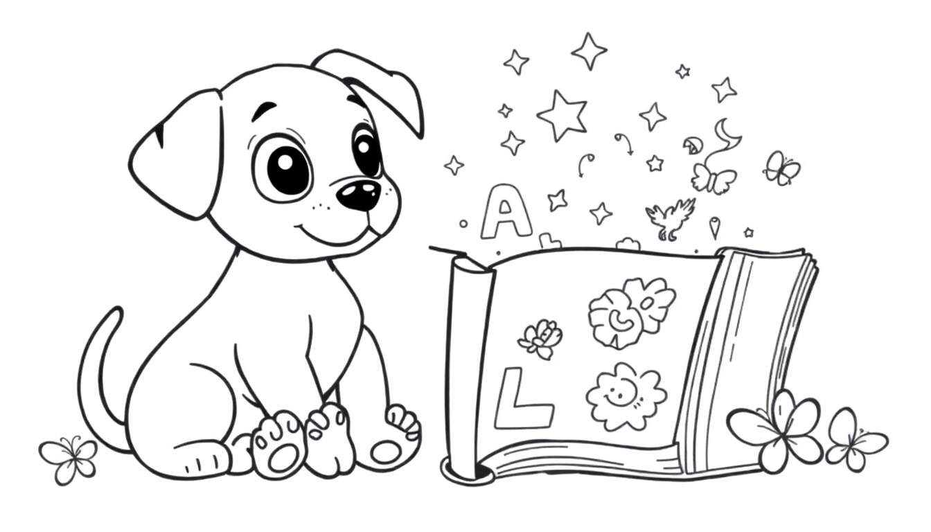 Un cachorro adorable sentado junto a un libro abierto, listo para colorear, con la promesa de un mundo mágico de letras y diversión.