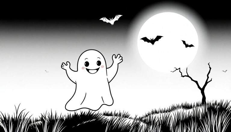 Placa de color de Halloween con un fantasma amigable saludando bajo una luna llena rodeada de murciélagos.