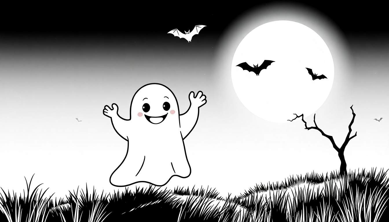 Placa de color de Halloween con un fantasma amigable saludando bajo una luna llena rodeada de murciélagos.