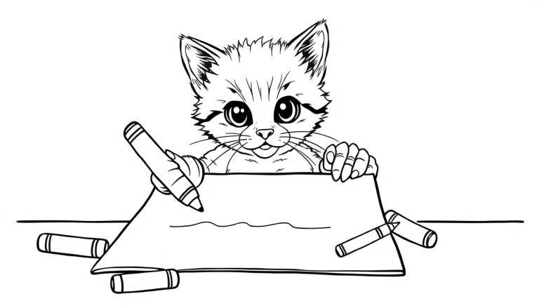 Un gatito adorable usando una placa de color mientras dibuja con crayones.