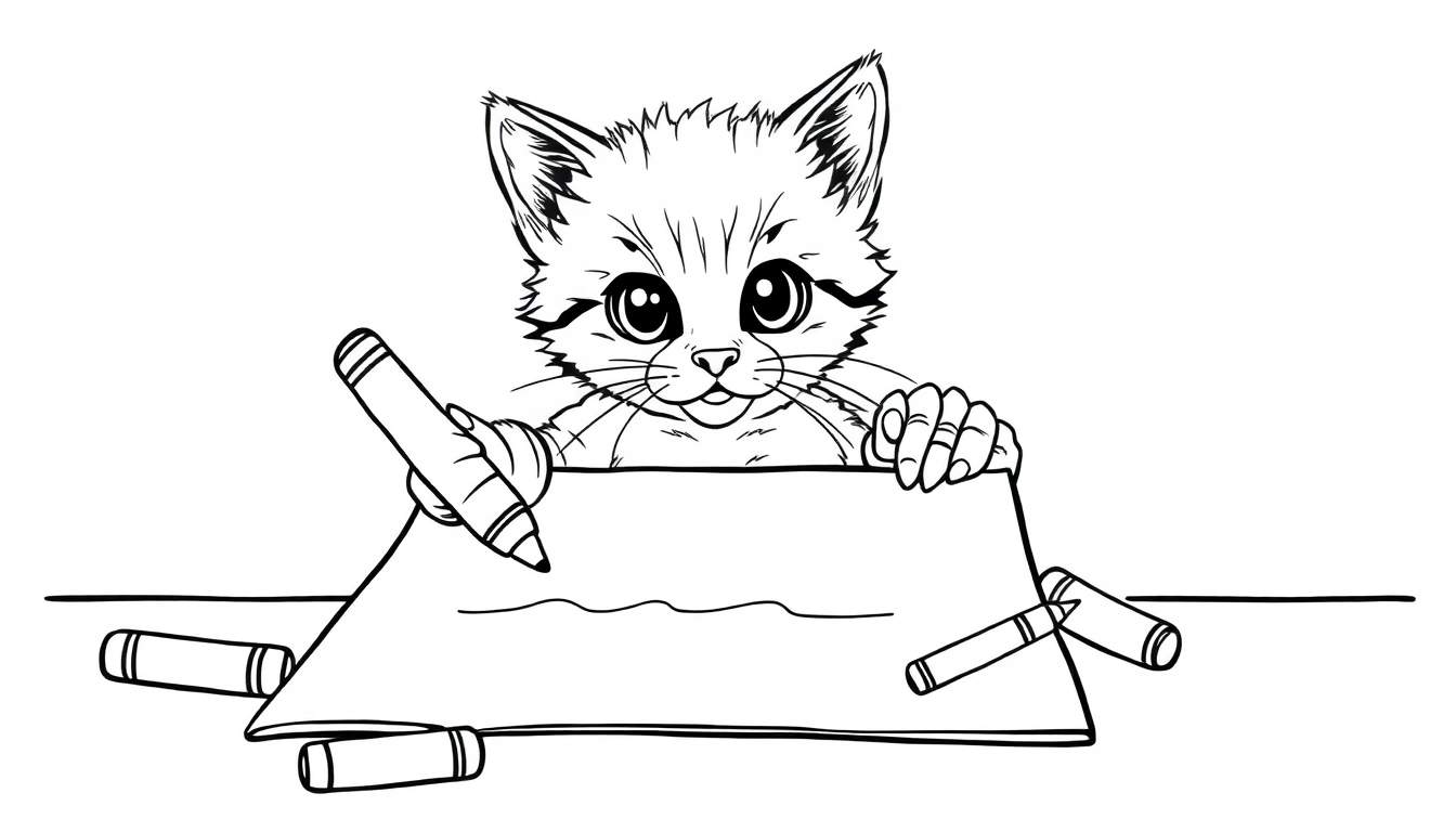 Un gatito adorable usando una placa de color mientras dibuja con crayones.