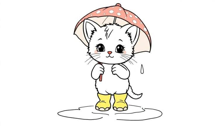 Gatito blanco con botas amarillas y paraguas rosa bajo la lluvia, dibujo para colorear en blanco y negro.