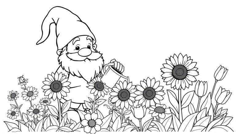 Página para colorear en blanco y negro de un gnomo amistoso regando flores con una regadera, con un insecto volando cerca, con la frase 'placa de color'.