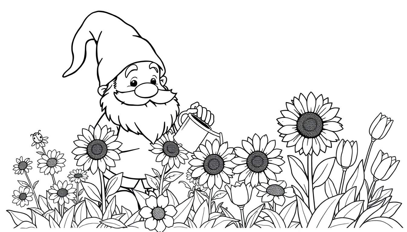 Página para colorear en blanco y negro de un gnomo amistoso regando flores con una regadera, con un insecto volando cerca, con la frase 'placa de color'.