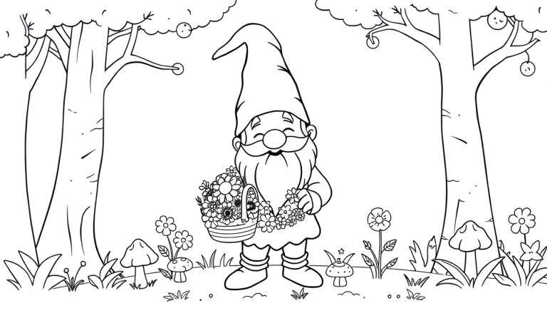 Placa de color de un gnomo recogiendo flores en un bosque.